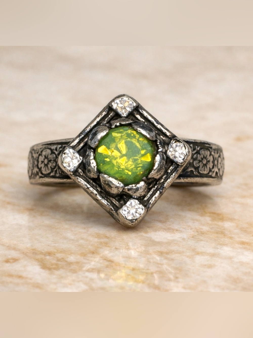 Opal Antique Ring Floral Engraving